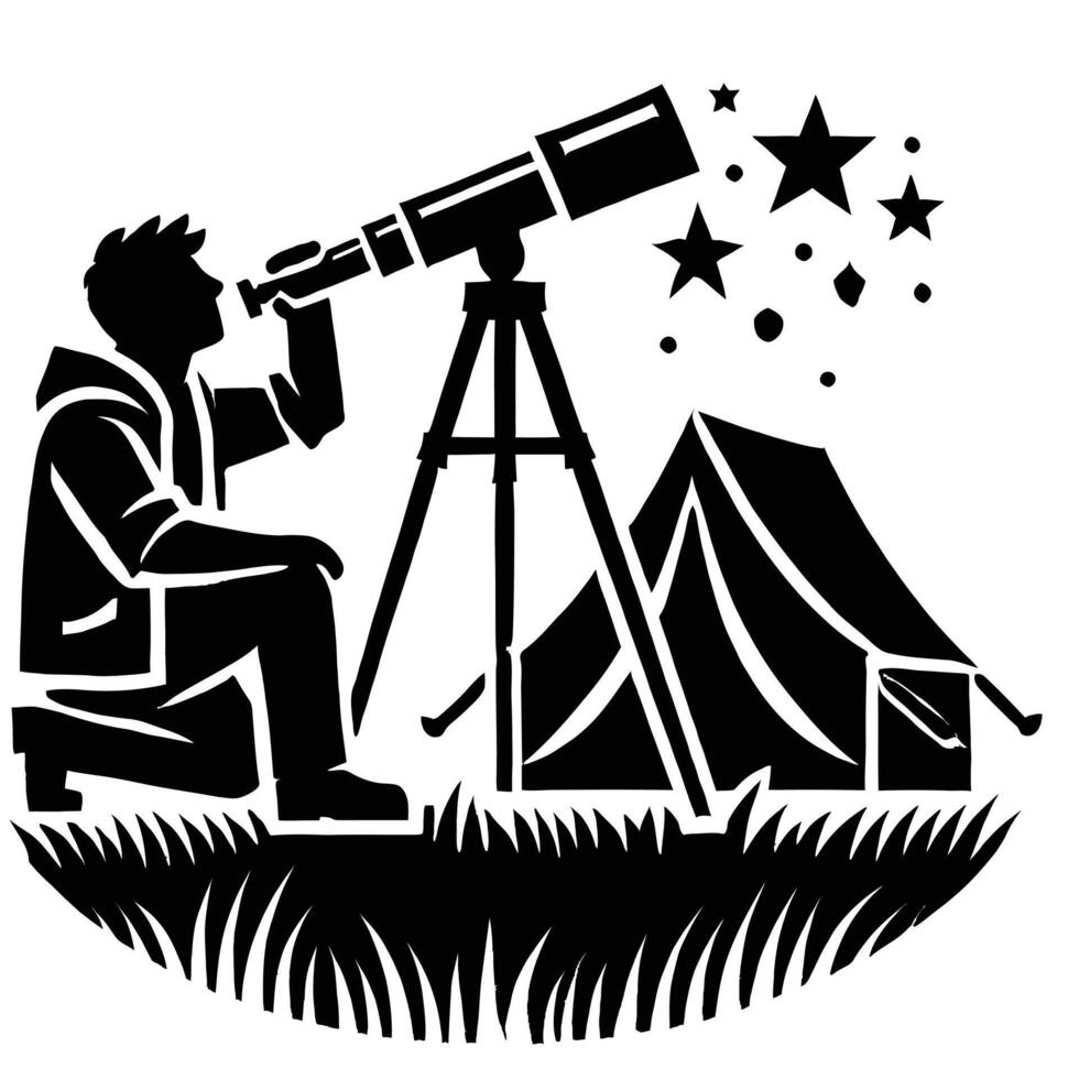 A man looking through a telescope at a tent vector