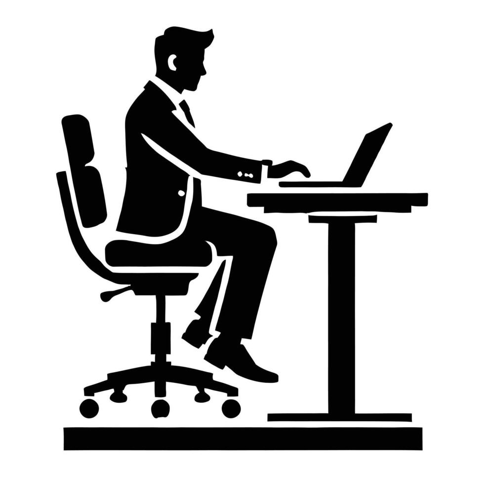 A silhouette of a man sitting at a desk with a laptop vector