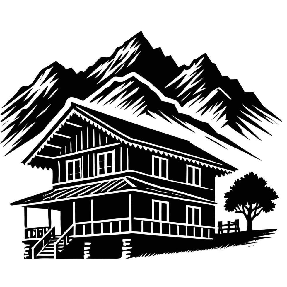 A house in the mountains with mountains in the background vector