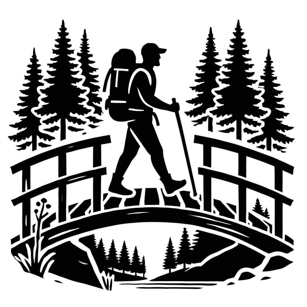 Hiker crossing bridge vector