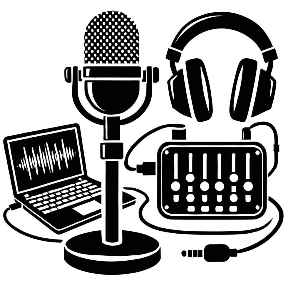 A microphone, headphones and laptop are shown in a black and white illustration vector