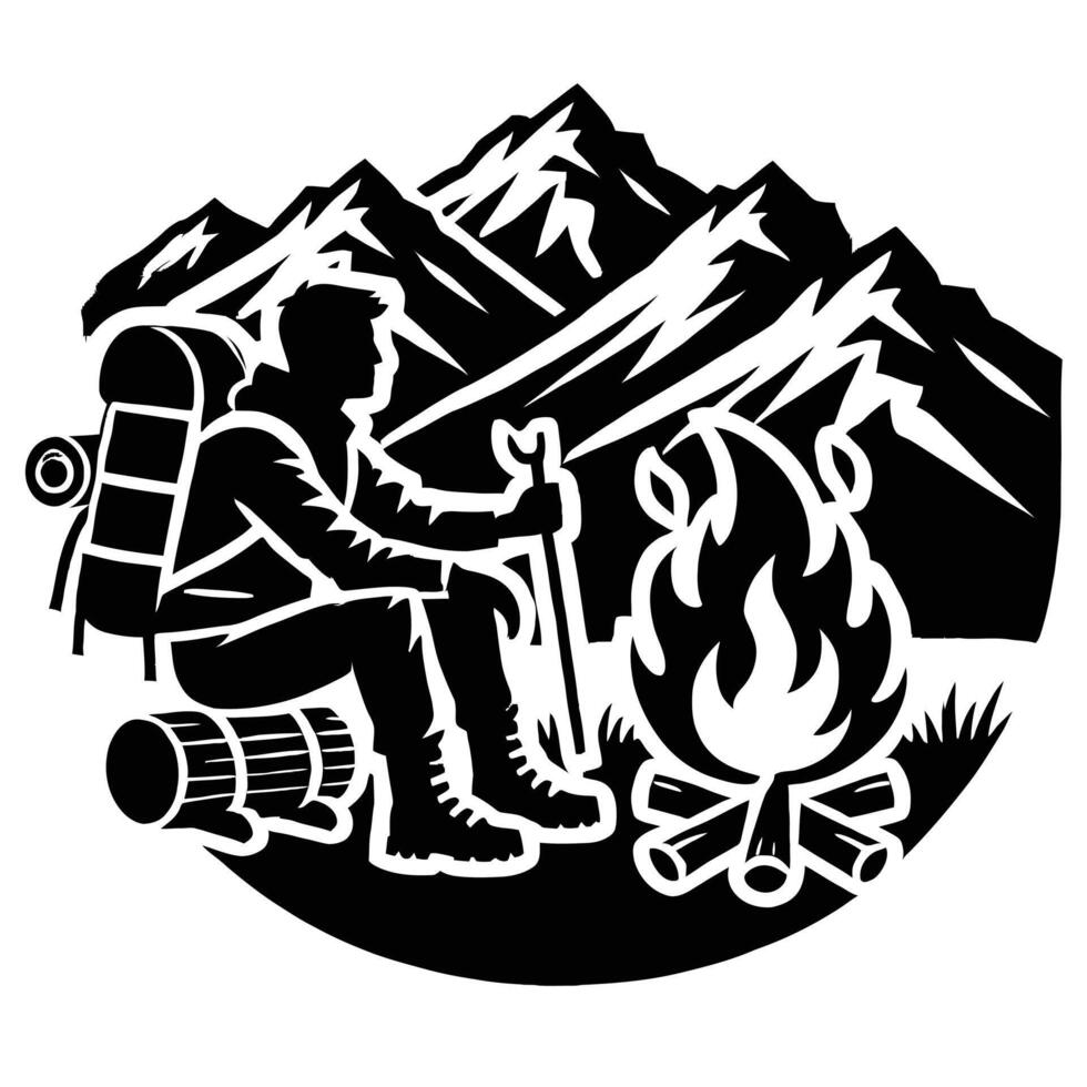 A man sitting by a campfire with a backpack and a tent vector