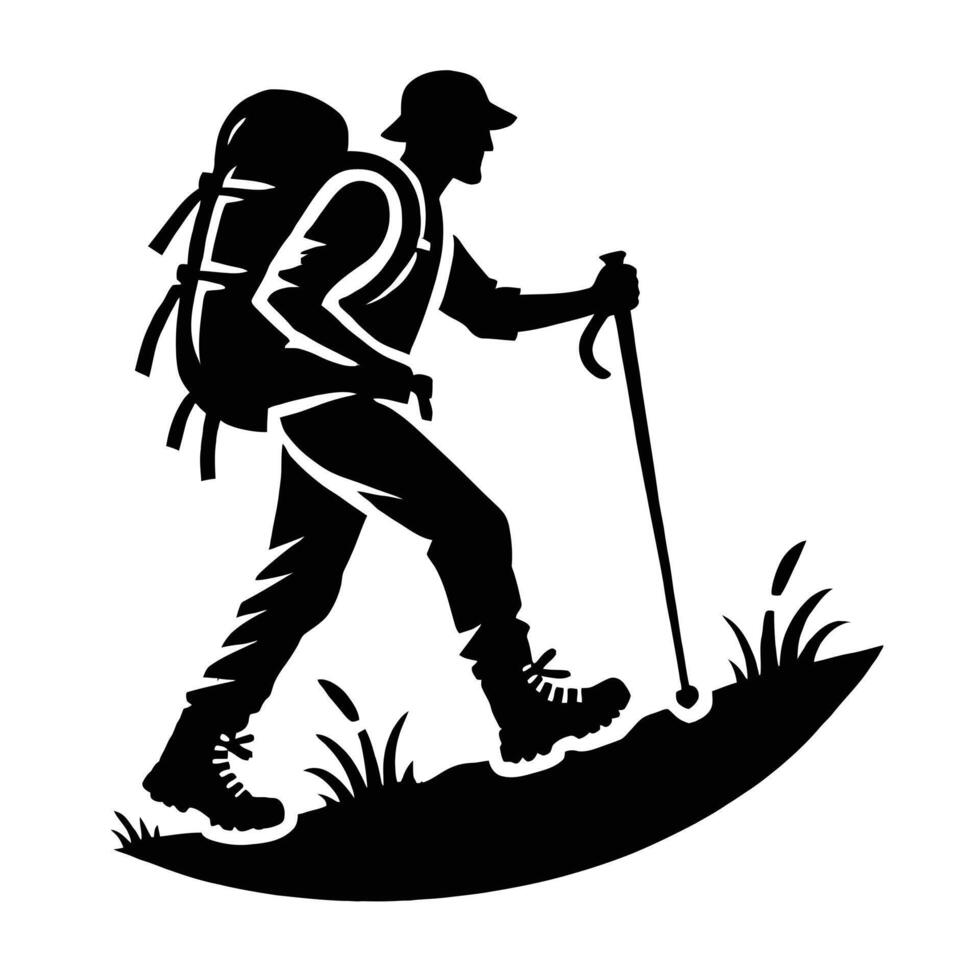 A silhouette of a man hiking with a backpack vector