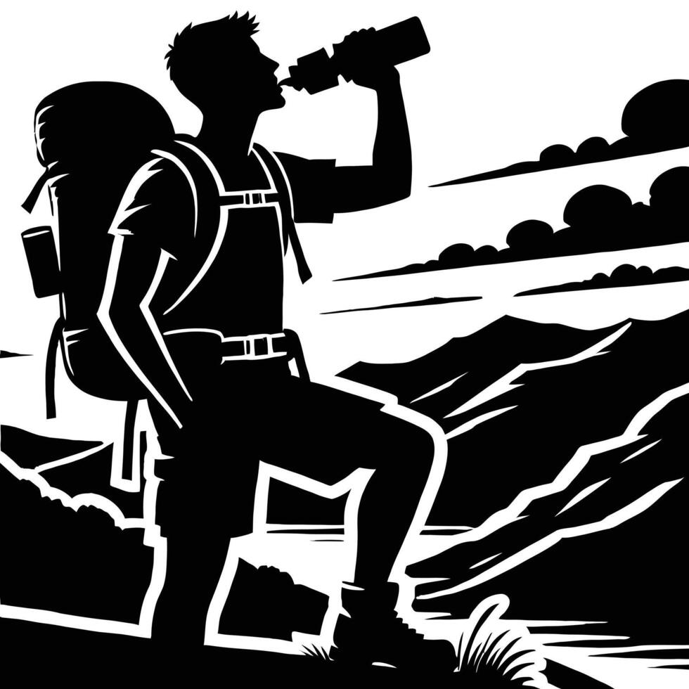 Hiker drinking water in the mountains vector