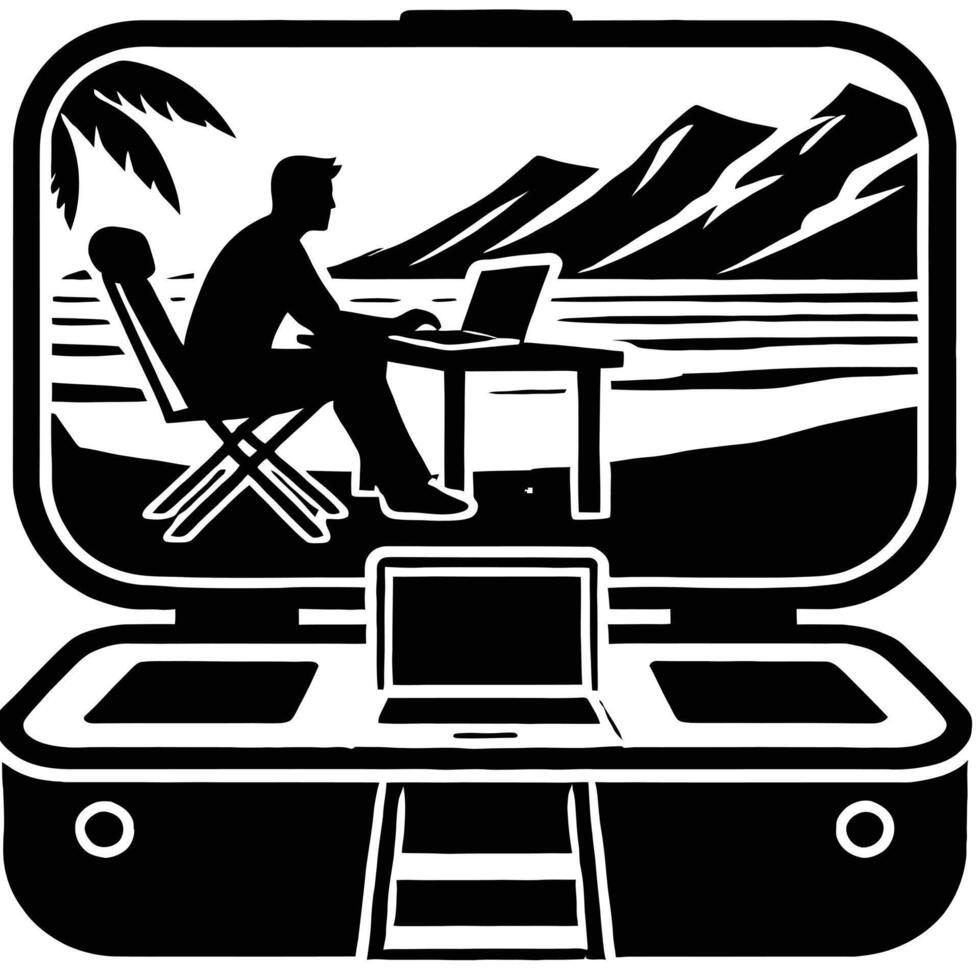 A man sitting at a laptop computer in a suitcase vector