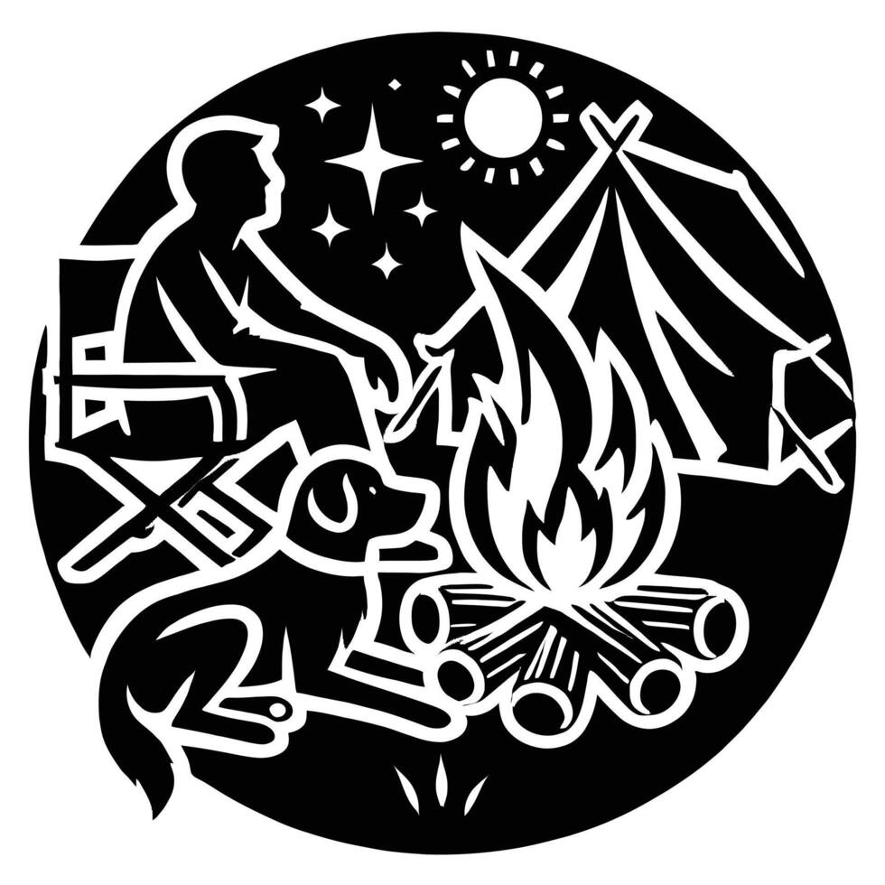 A black and white image of a man sitting by a campfire with a dog vector