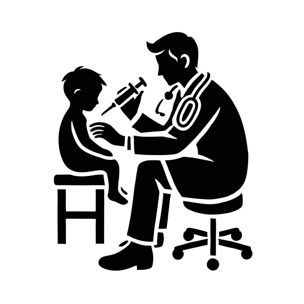 A black and white illustration of a doctor examining a child vector