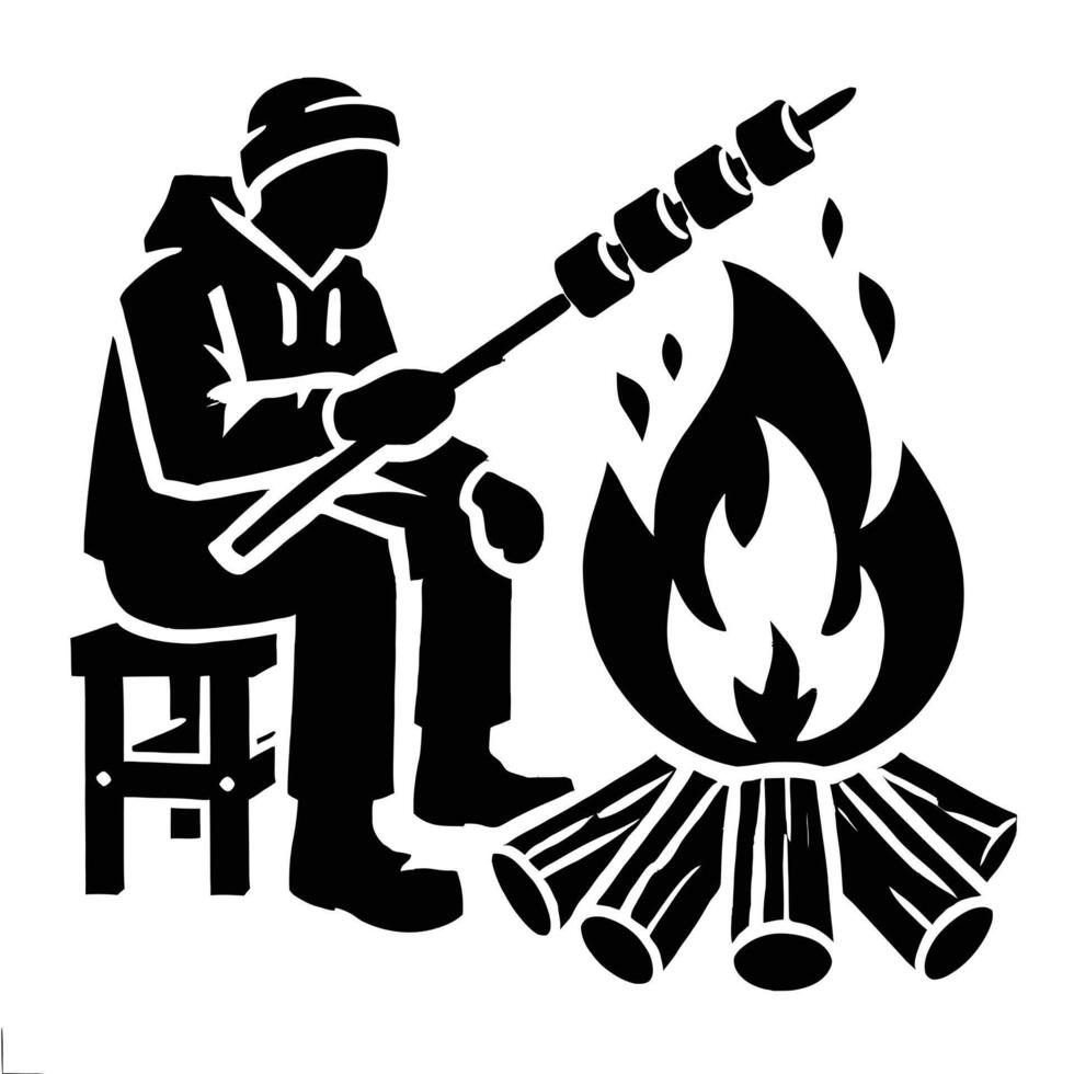 A man sitting by a campfire with a stick vector