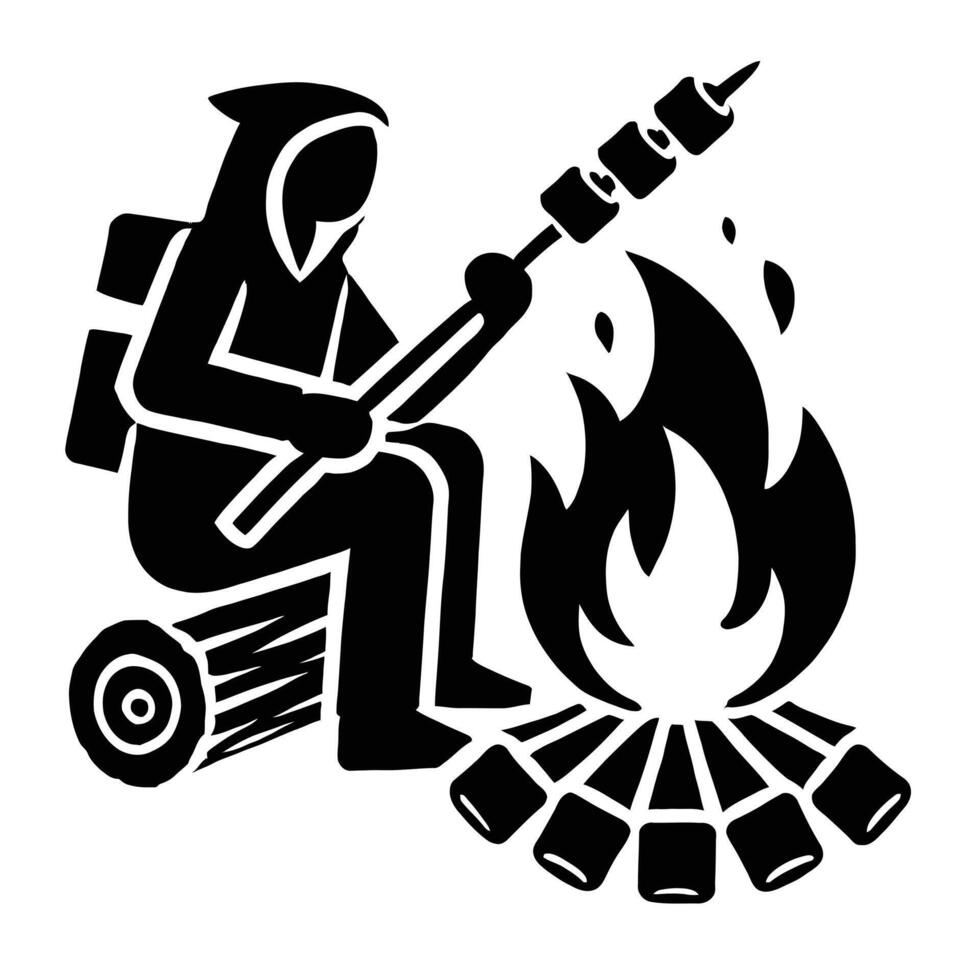 A man is sitting by a campfire with a stick vector