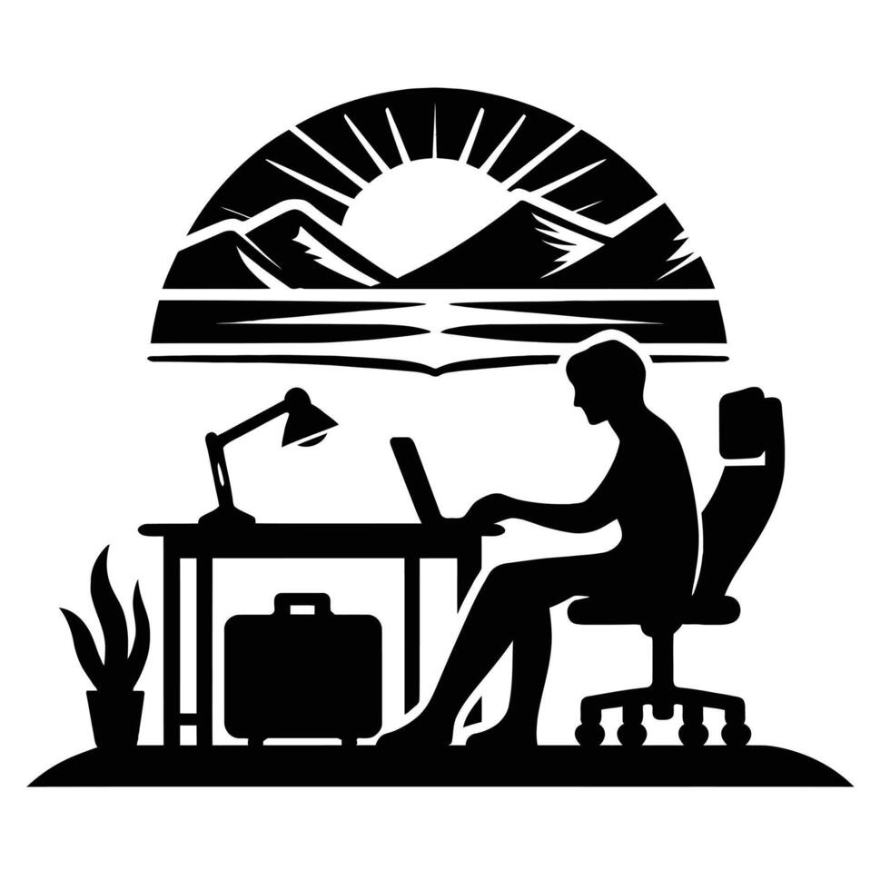 A silhouette of a man sitting at a desk with a laptop vector