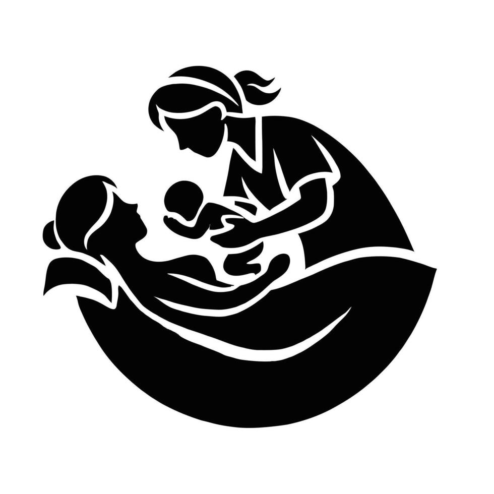 A black and white silhouette of a woman holding a baby vector
