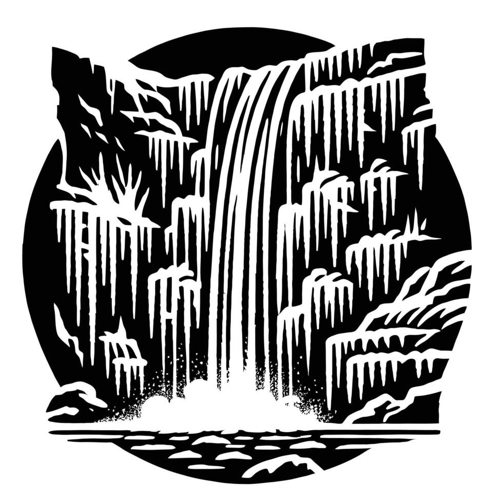 A black and white illustration of a waterfall vector