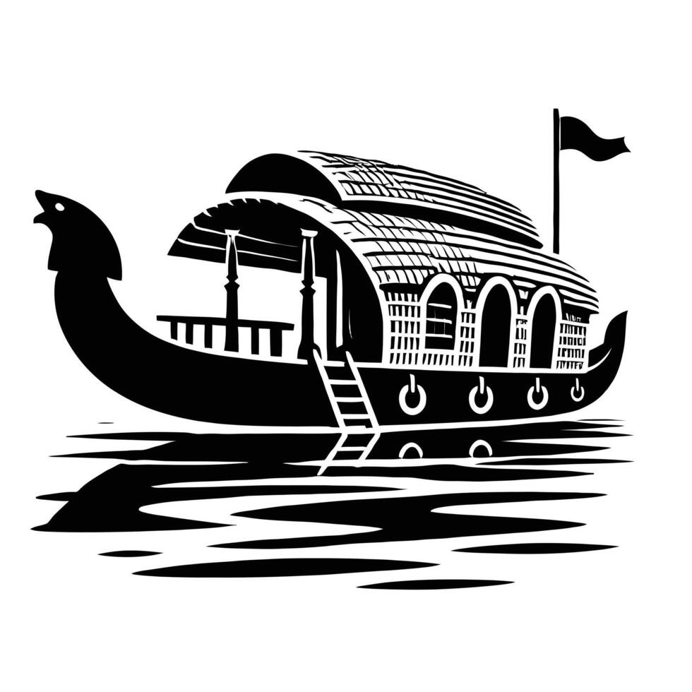 A black and white illustration of a houseboat vector