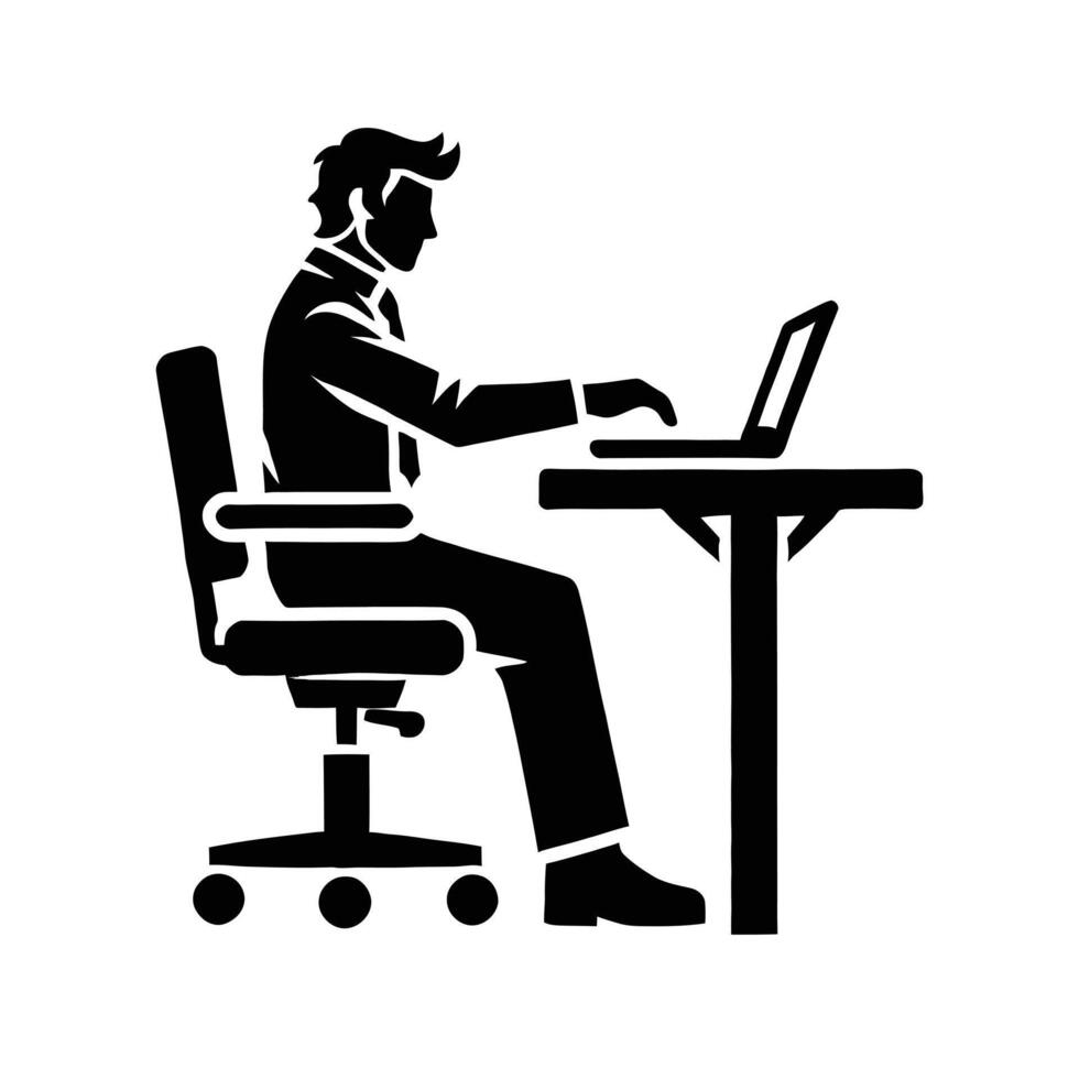 A silhouette of a man sitting at a desk with a laptop vector
