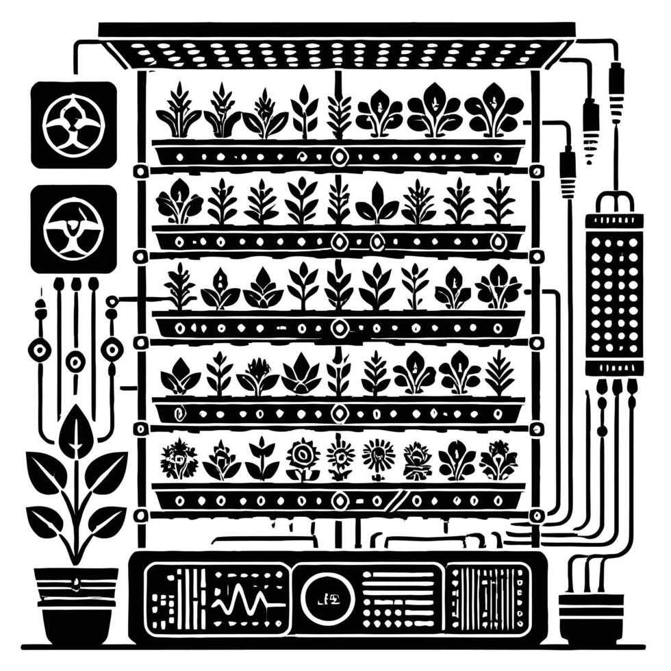 A black and white illustration of a plant growing in a greenhouse vector