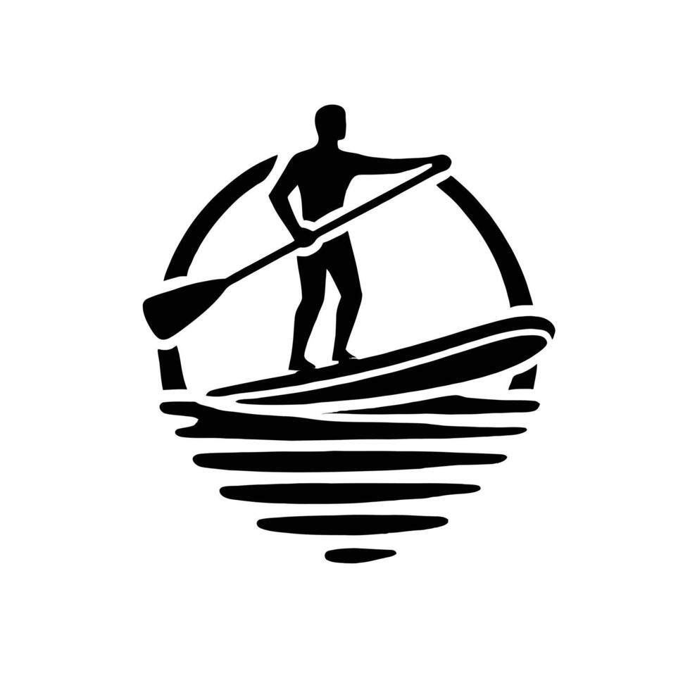 A black and white logo of a man on a paddle board vector