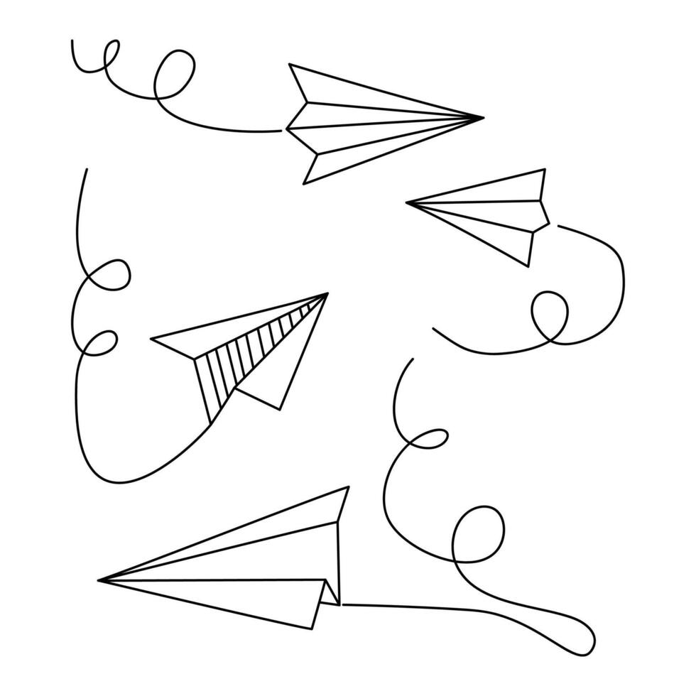 Hand drawn paper airplane doodle set vector