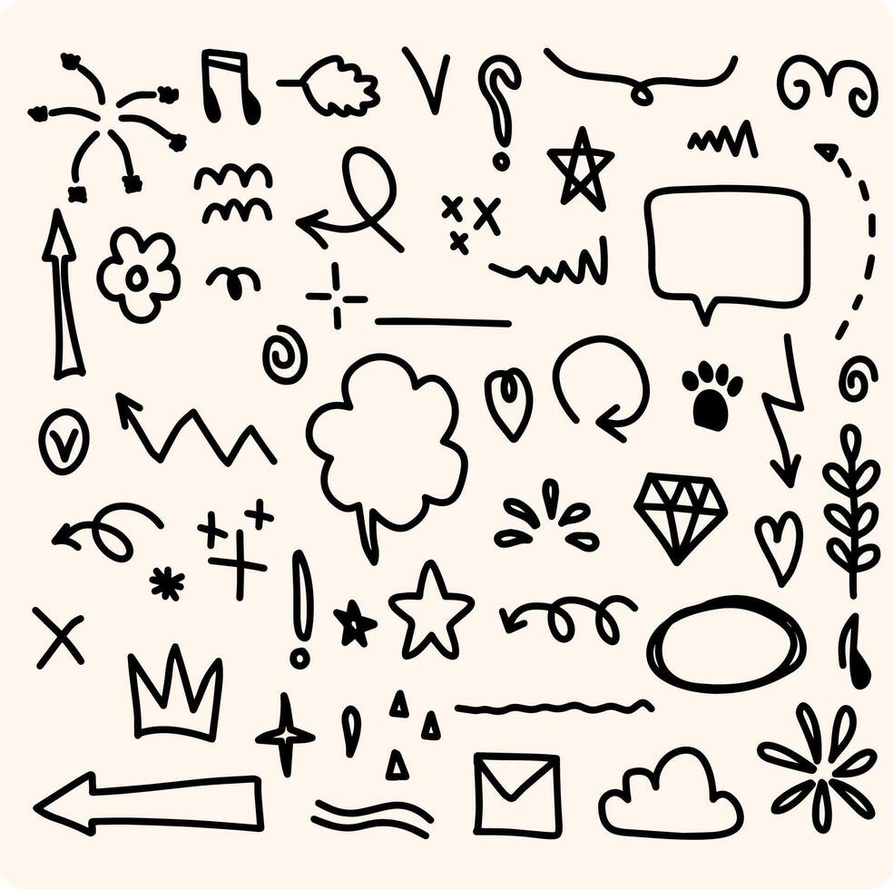 Doodle set cartoon hand drawn expression doodle image, curve direction arrow, emoticon effect design element vector