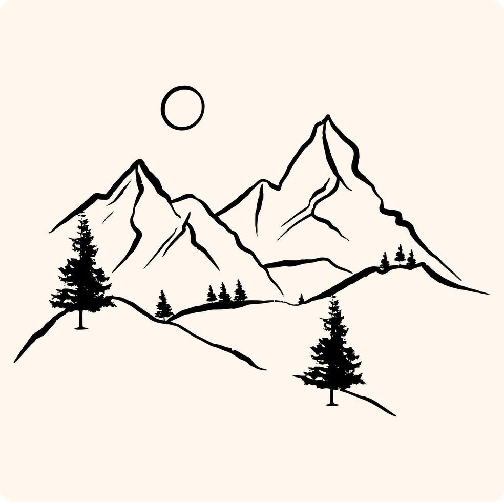 sketch, mountains and forest, imitation of a charcoal or pencil drawn illustration vector