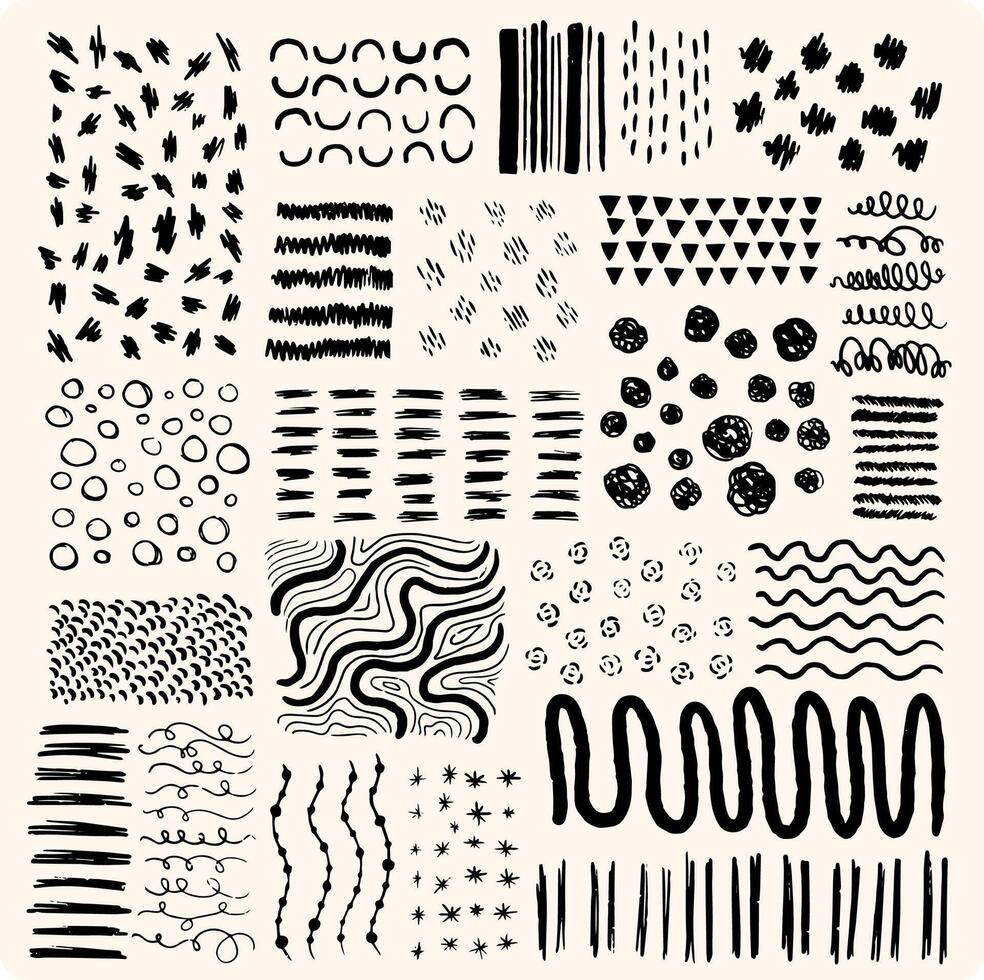 Crosshatch patterns set in hand drawn doodle style. Hatched squares drawing technic, geometric shapes strokes, simple sketch design elements. vector