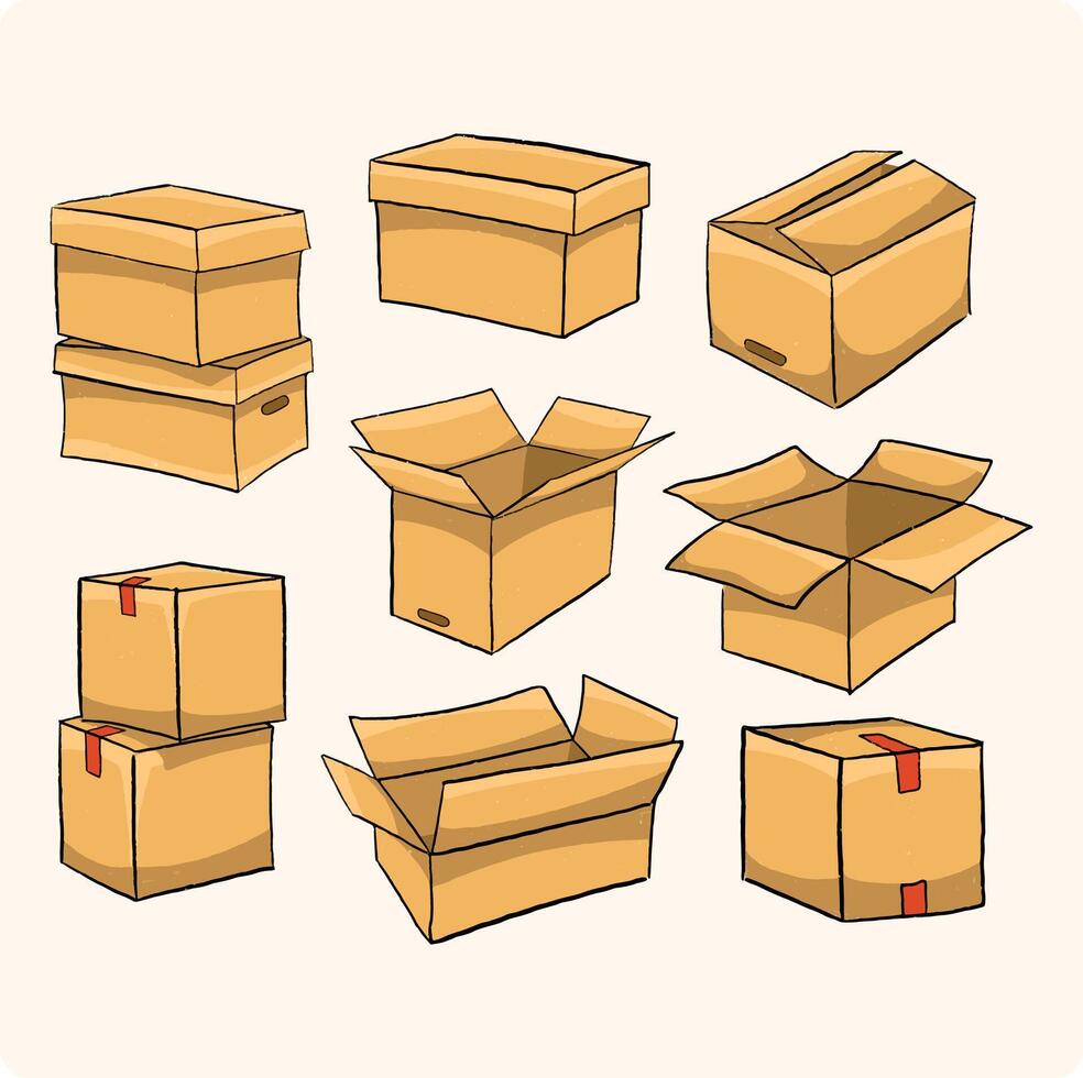 Cartoon cardboard boxes. Carton delivery boxes, open and closed shipping package with fragile signs, parcel delivery vector