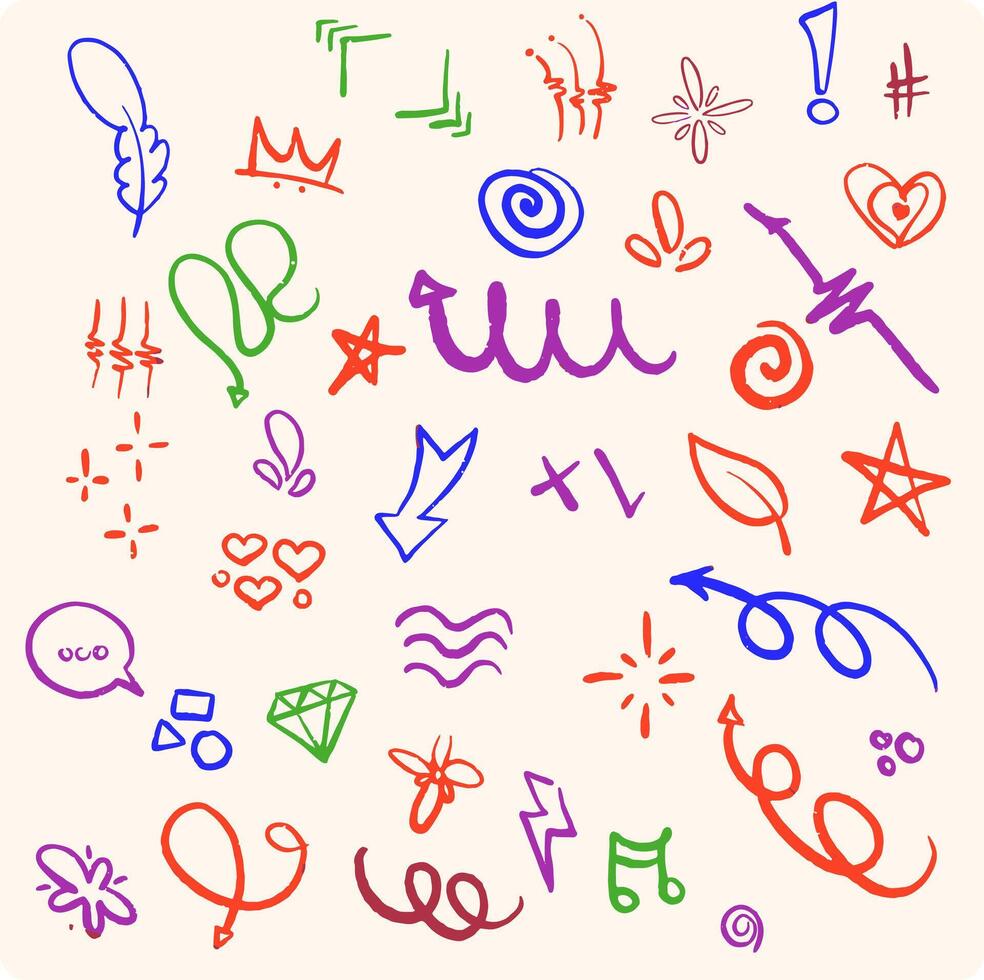 Hand drawn colored doodle design elements, charcoal or pencil drawn punctuation marks vector