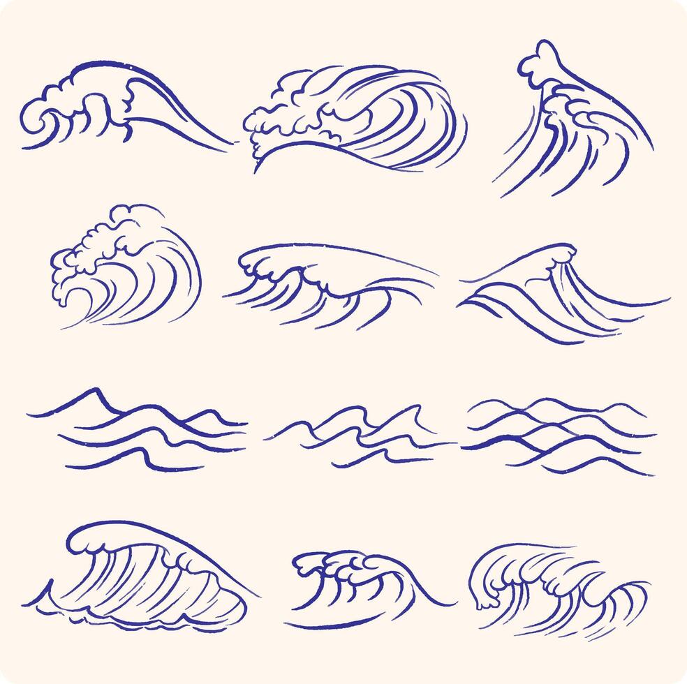 Ocean waves charcoal or pencil drawn illustration. Oriental waves illustration icon set. Japanese waves. Linear style. vector