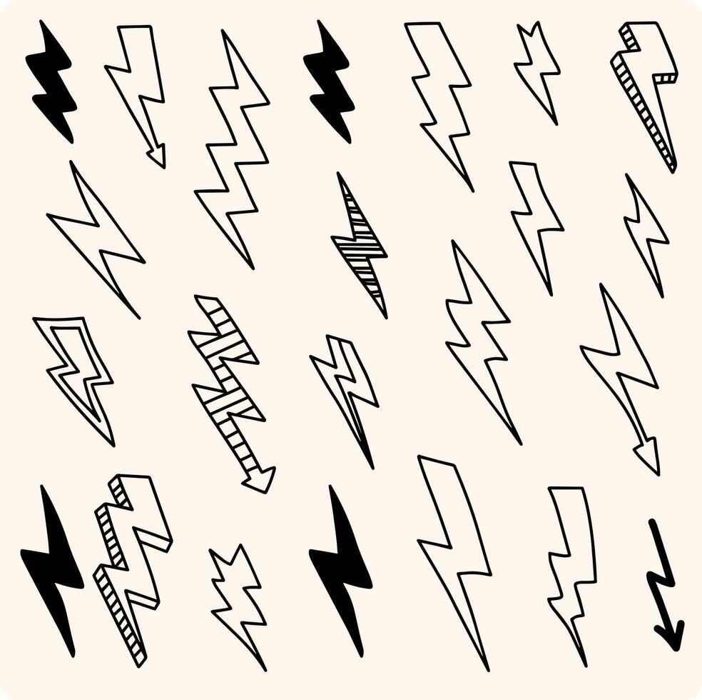 Hand drawn lightning and thunder bolts. collection of drawn lightning illustrations vector