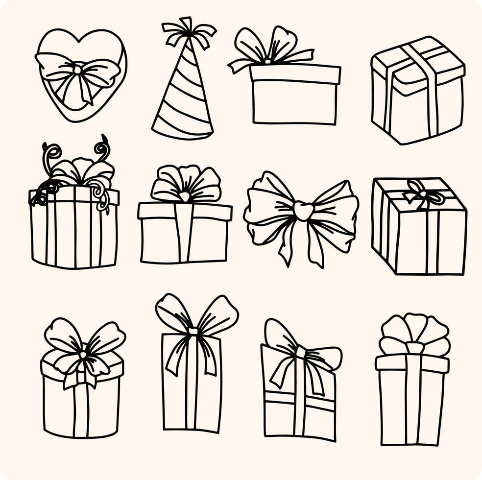 Hand drawn doodles. Collection of simple images of different gift boxes. Various gifts and bows. vector