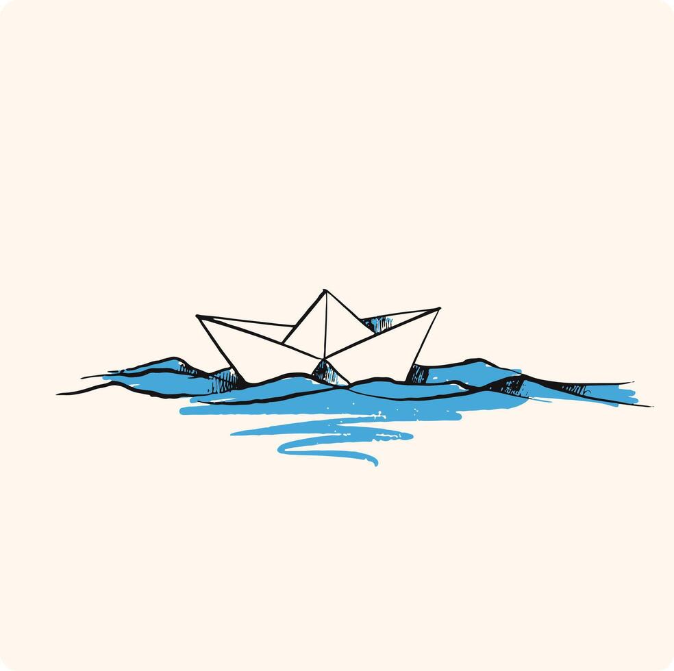 Paper boat on the water charcoal or pencil drawn illustration vector