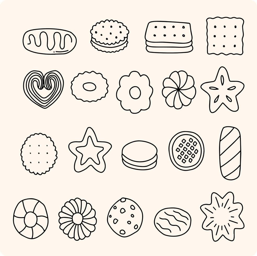 Cookies and biscuits doodle set. Desserts, pastry, crackers, chocolate chip cookies in sketch style vector