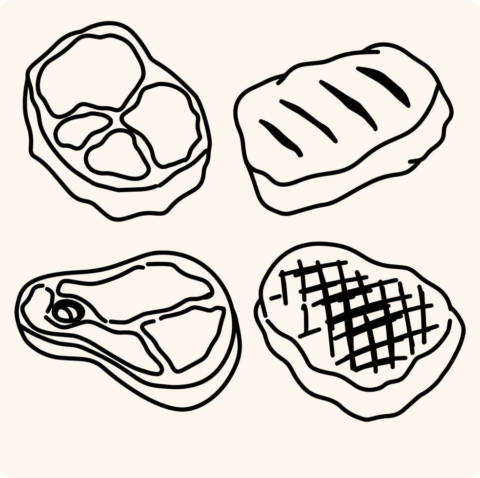 Meat products outline icons set illustration. Line hand drawn meat butchers menu collection vector