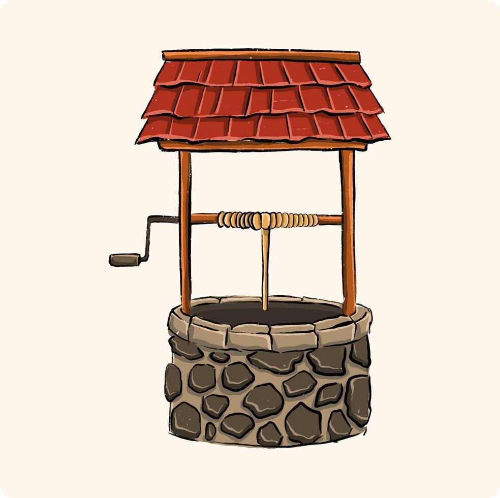 Water wells with buckets on ropes charcoal or pencil drawn illustration vector