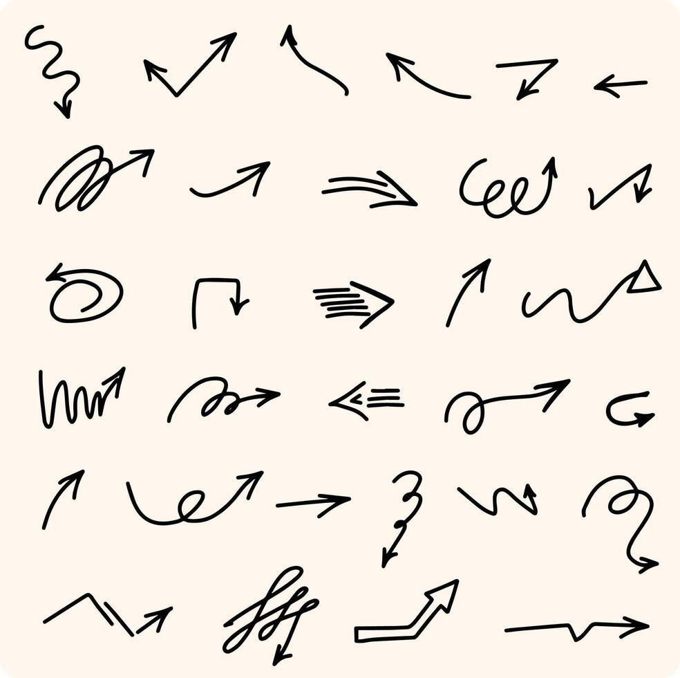 A simple set of black hand drawn line arrows in various styles. vector