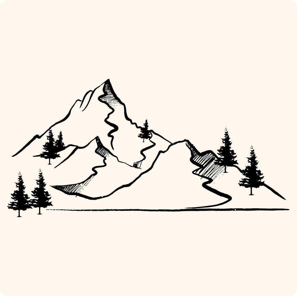 set hand drawn mountain illustrations. Design element for poster, card, emblem, sign banner. with charcoal or pencil drawn illustration vector