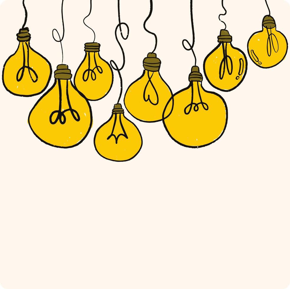 Idea concept with lamp bulbs. Yellow light bulb glowing, creative thinking and innovation. Glass bulb hang on rope, new mind classy concept vector