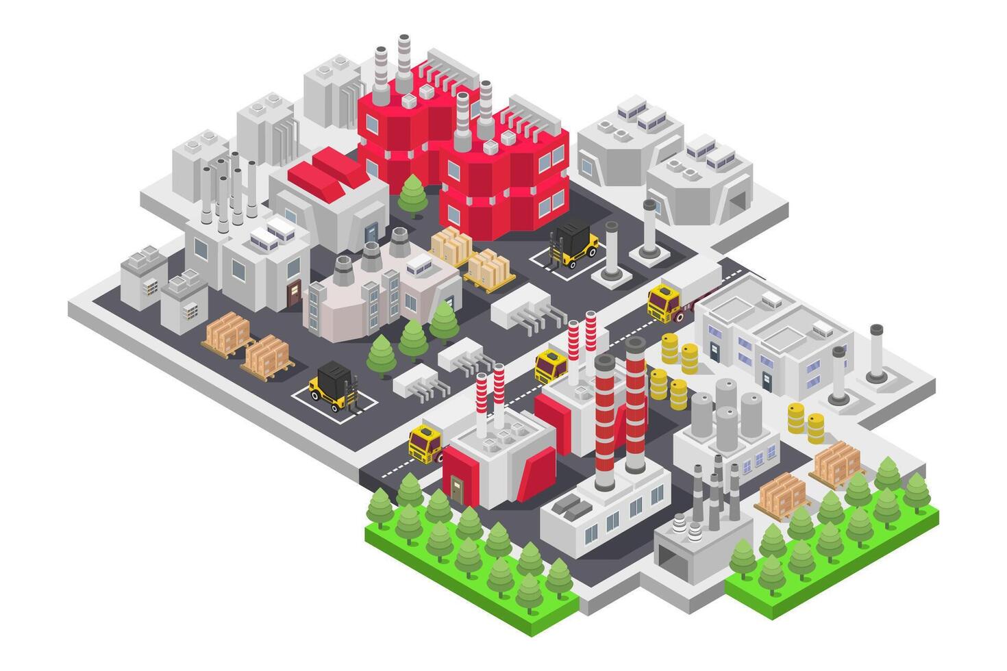 Isometric industrial city with factories, factories, and trucks vector
