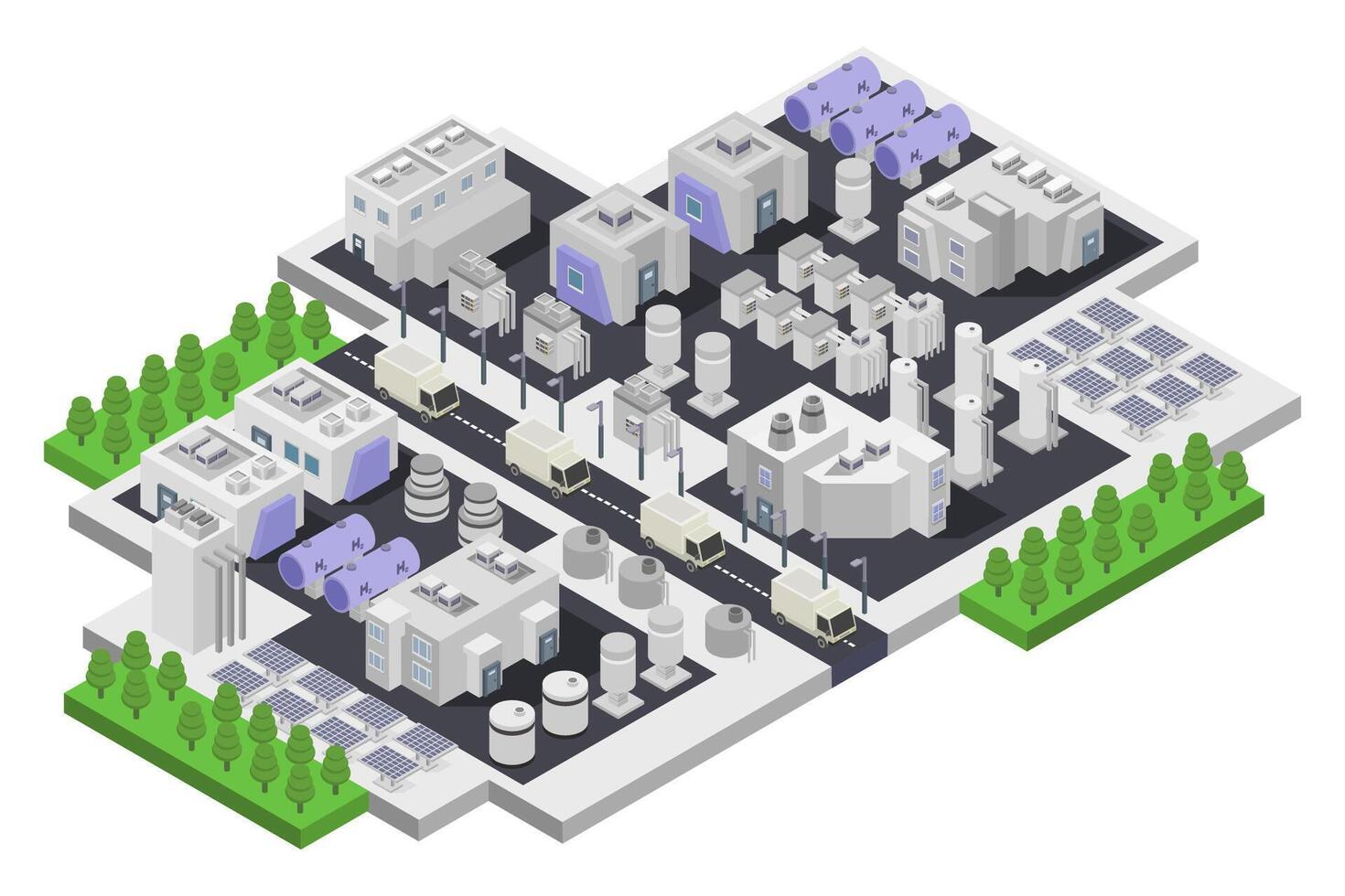 Isometric city with industrial buildings and trees vector