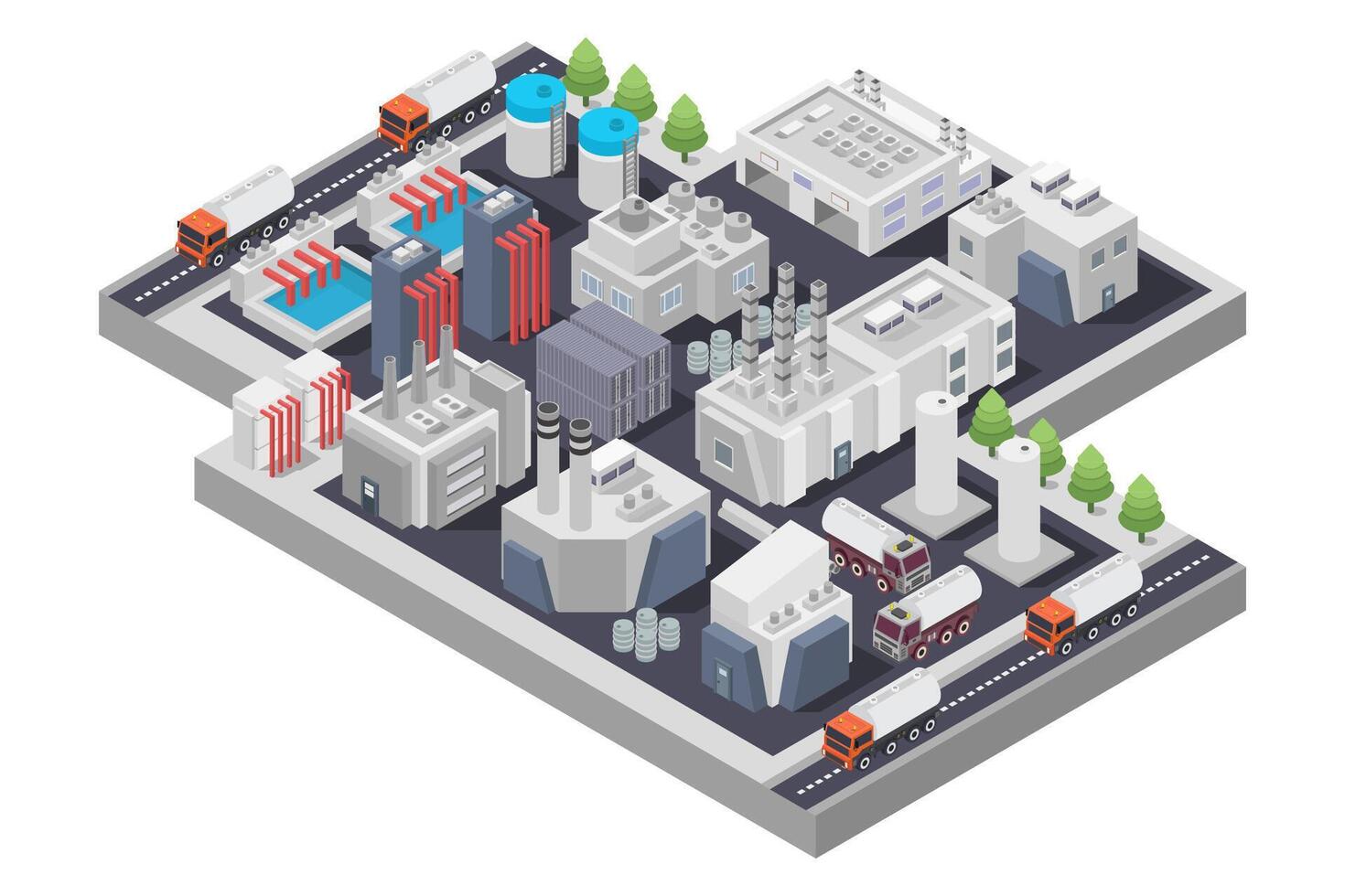 Isometric industrial city with factories, trucks and trucks vector