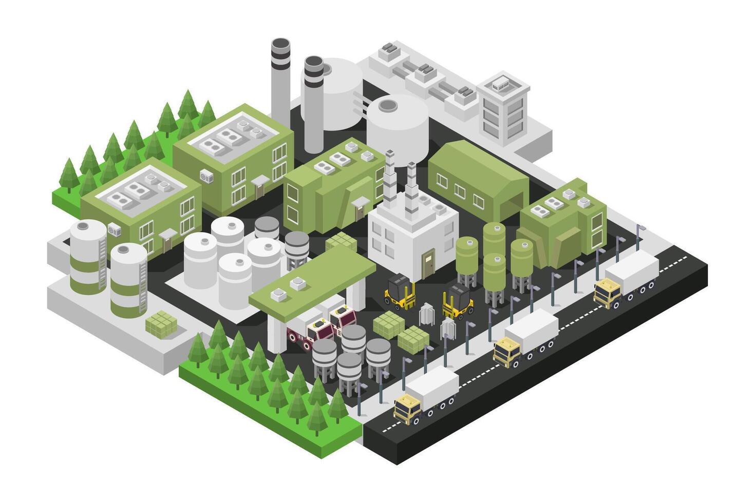 An illustration of a factory with green plants and trees vector