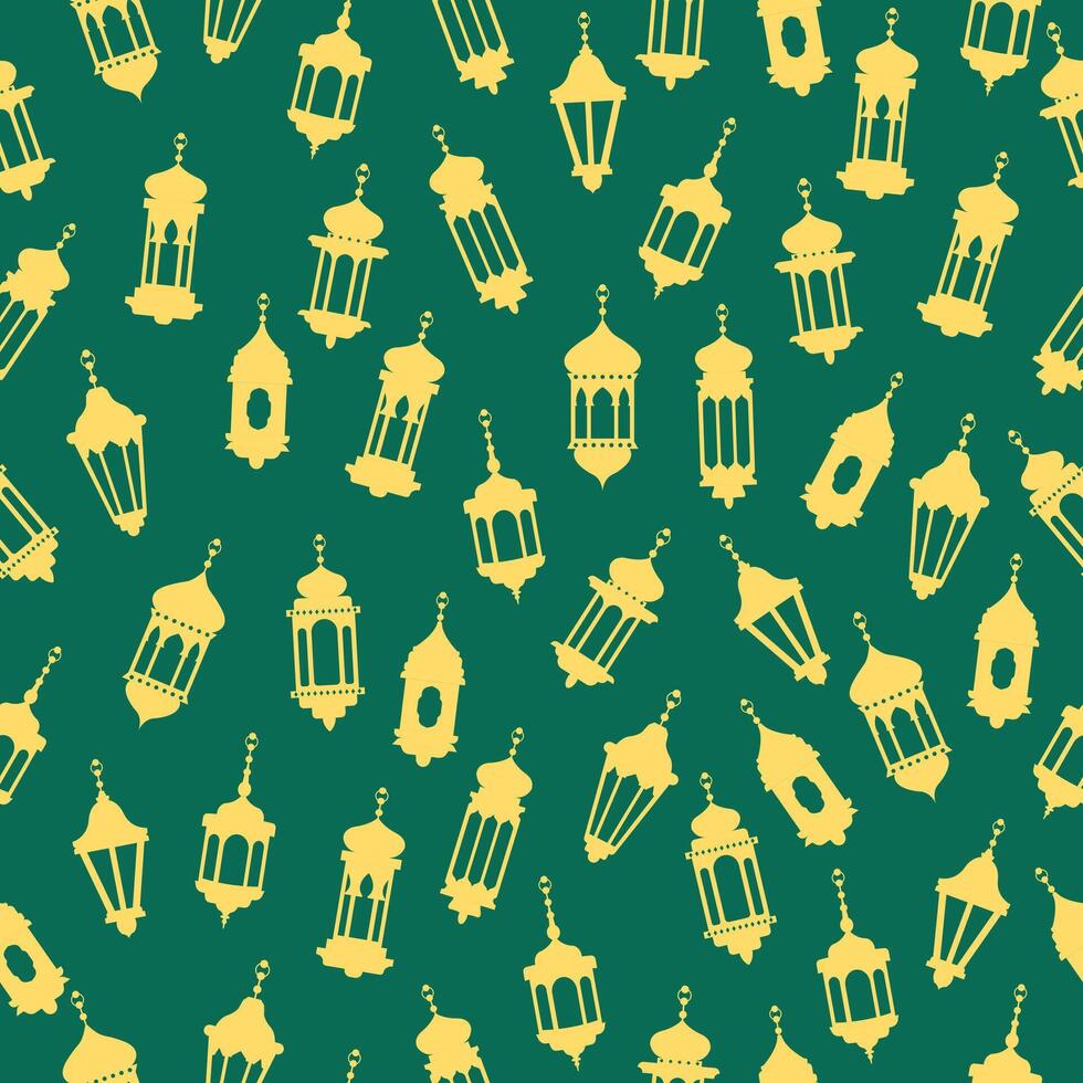 Lantern seamless pattern. Islamic hanging lantern motif wallpaper with yellow and green color vector