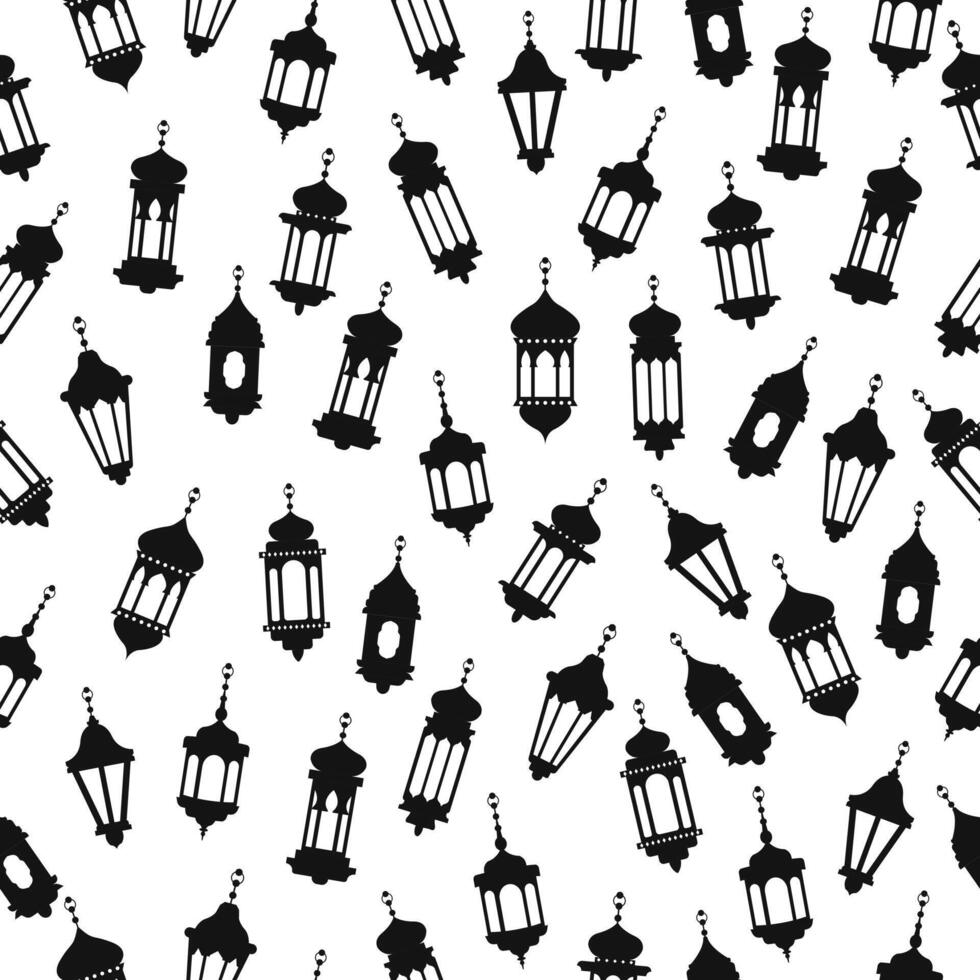 Hanging lantern seamless pattern background. Islamic lamp middle east ornament wallpaper vector