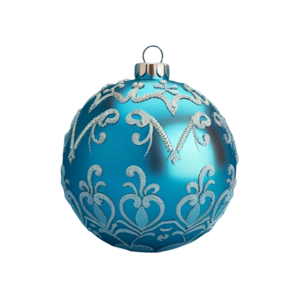 Blue Christmas Bauble with Intricate Silver Patterns png