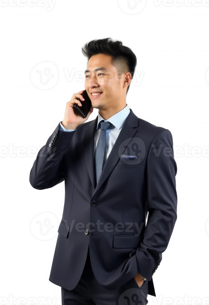 Smiling asian businessman in dark suit talking on smartphone isolated on transparent background, Cut out png