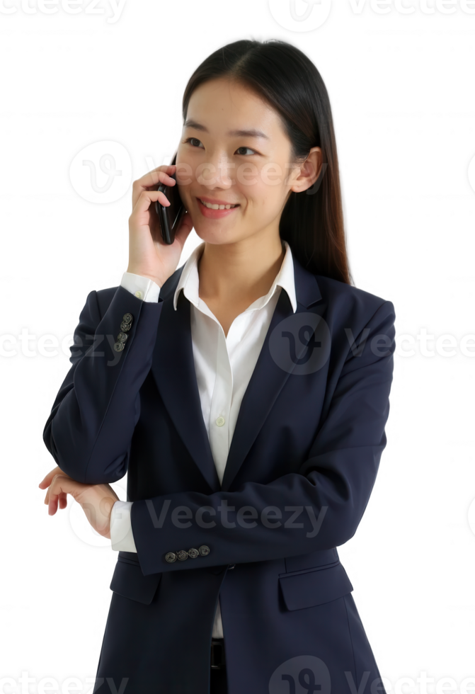 Japanese businesswoman in navy blue suit talking on smartphone isolated on transparent background, Cut out png