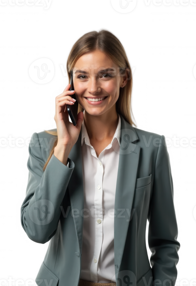 Businesswoman in gray suit talking on smartphone isolated on transparent background, Cut out png
