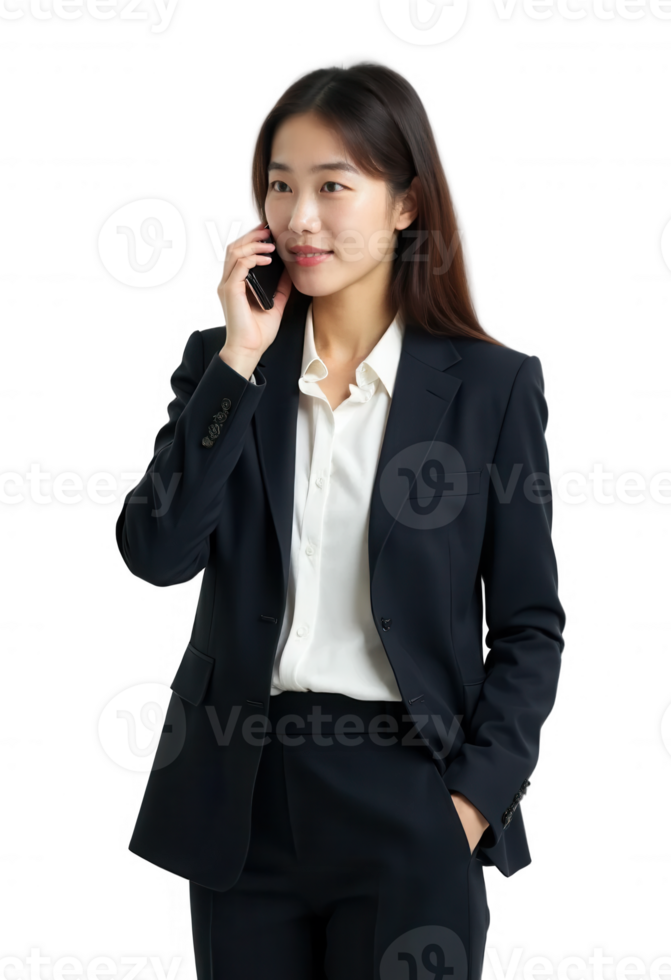 Confident Asian Businesswoman Talking on Phone in Black Suit Isolated on Transparent Background, Cut out png