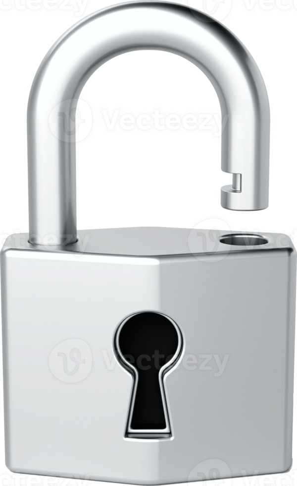 Open padlock with sleek, unlocked padlock security metallic silver design, access, data protection, and cybersecurity concepts, 3d rendering png
