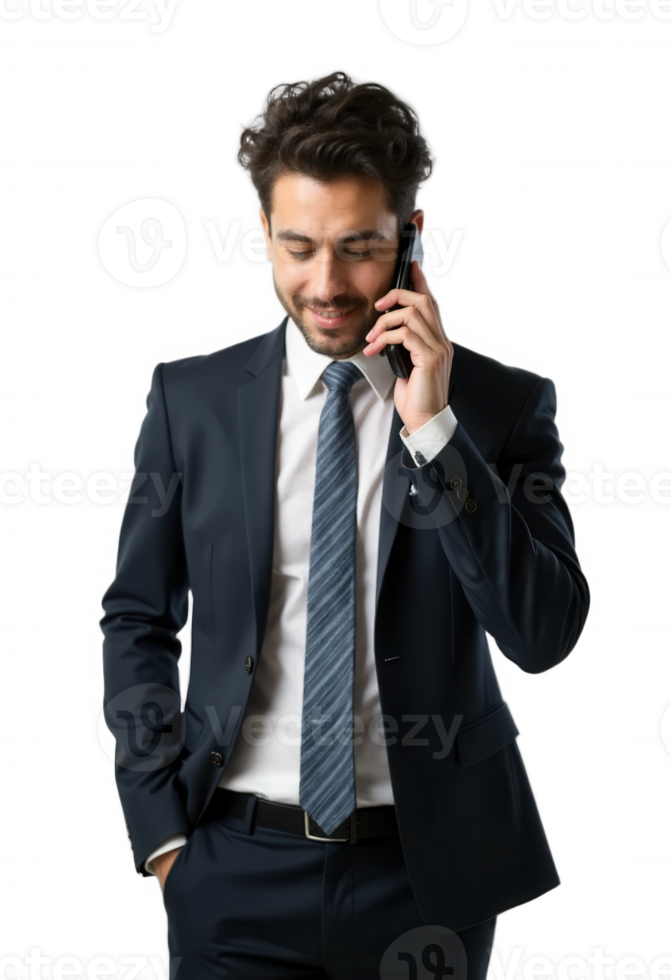 Smiling Businessman Talking on Smartphone Isolated on Transparent Background, Cut Out png