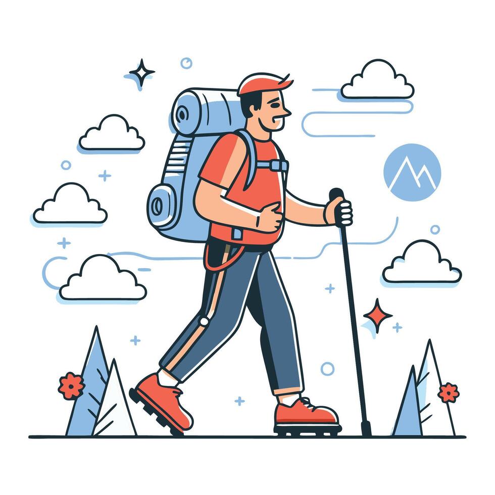 Adventurous Backpackers Exploring Majestic Mountains on Hiking Expedition vector